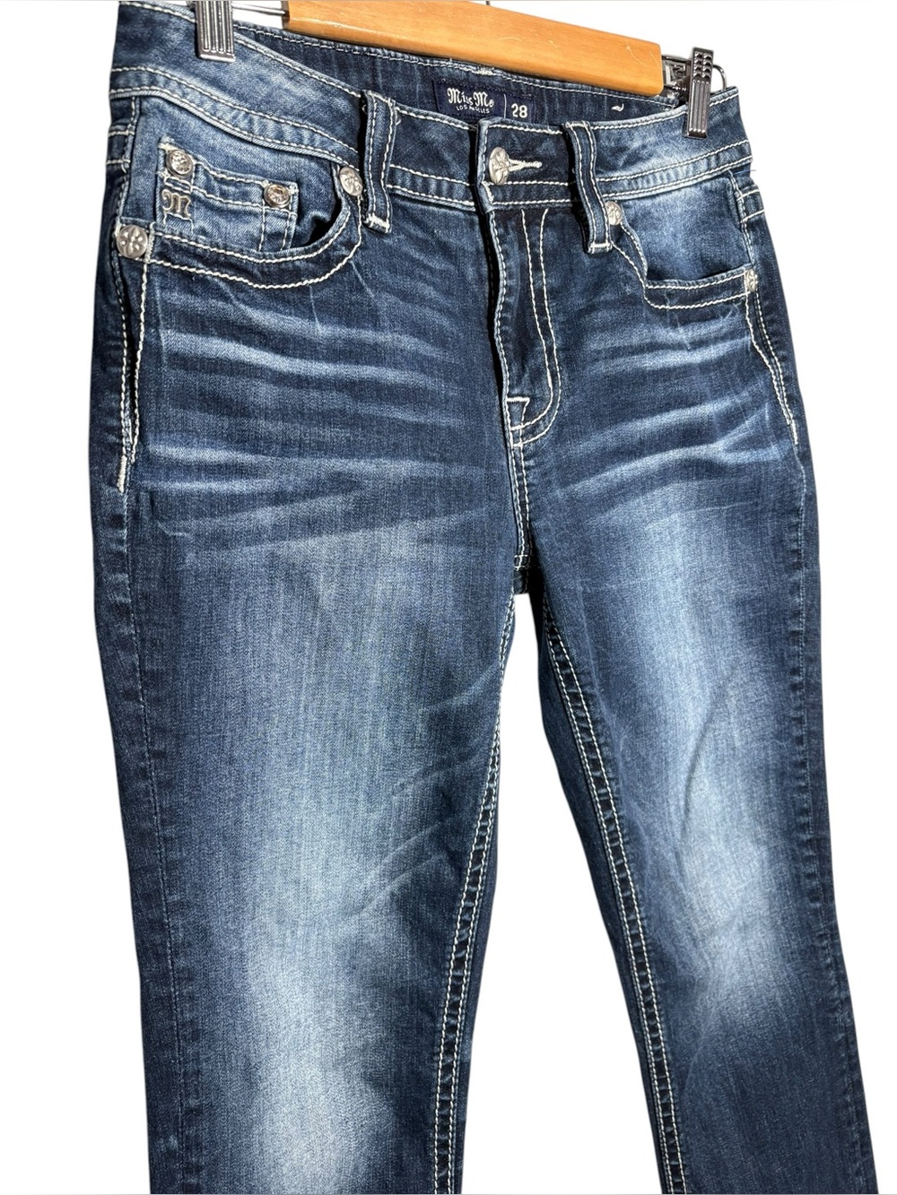 MISS ME | Mid-Rise Straight Stretch Dark Wash Jean 28 Horseshoe Cowboy Boots Hat - Picture 5 of 16